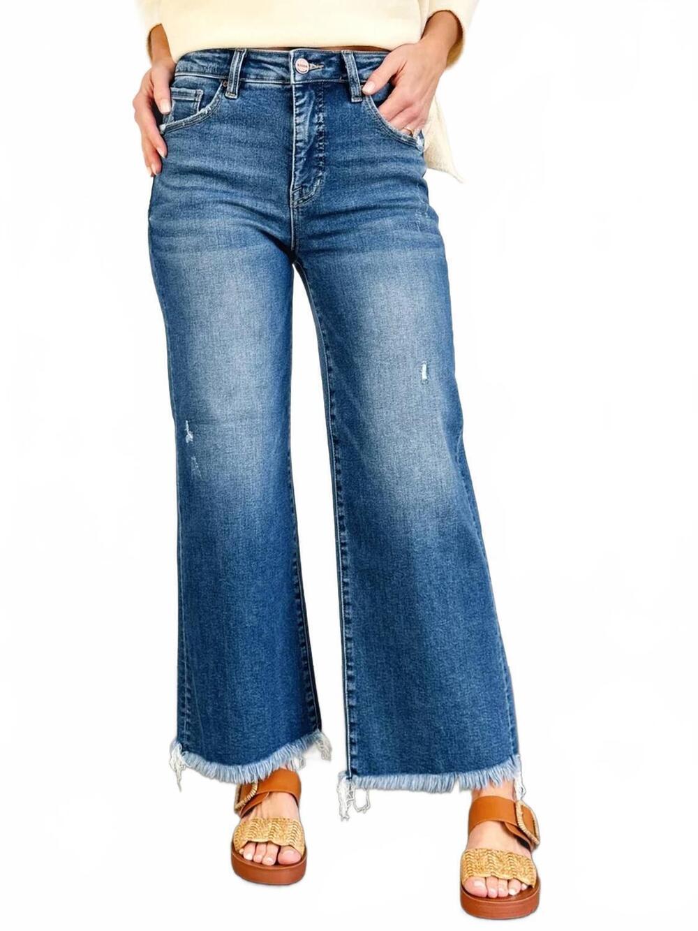 NEW RISEN mid rise ankle straight fray hem jeans in dark wash